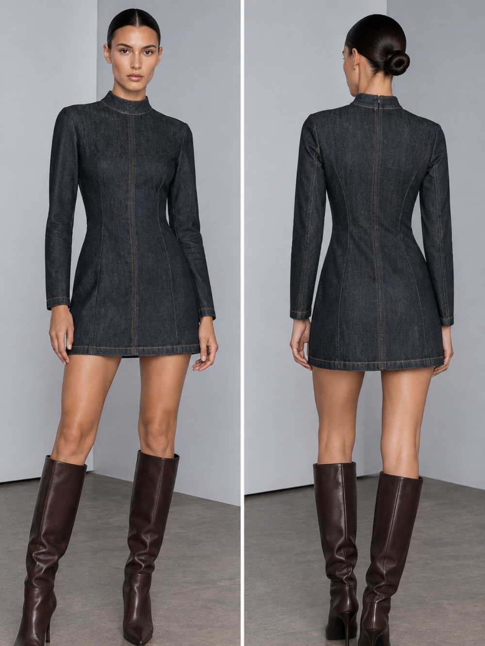 Zara Dark Denim High Neck Mini Dress Size Small 9480/576/800